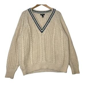 AQUA Cream Blue Vneck Varisty Wool Blend Sweater Preppy Gossip Girl College sz L